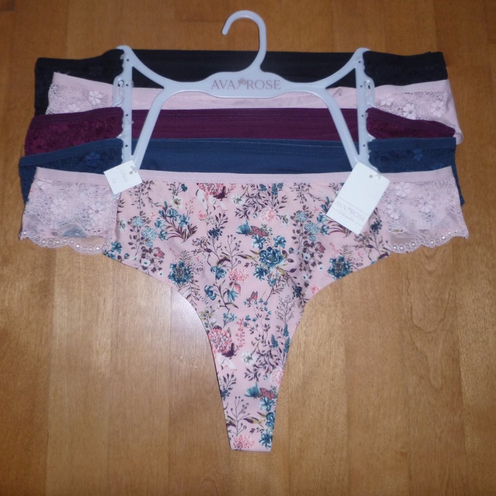 Womens 5 Pairs AVA ROSE Silky THONGS Lace panties Size 3X Navy Blush Solids NWT